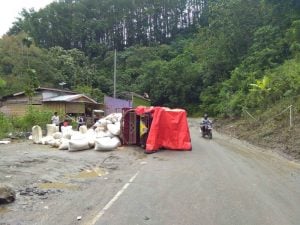 Hindari Jalan Berlubang, Truk Pengangkut Gabah Terbalik